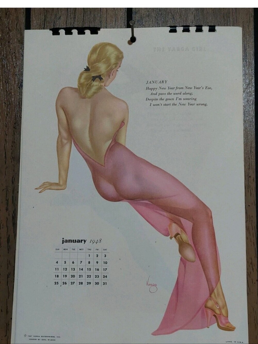 Vintage Pin-Up Girl Calendar Art Print — 1948 Varga Missing 3 Months
